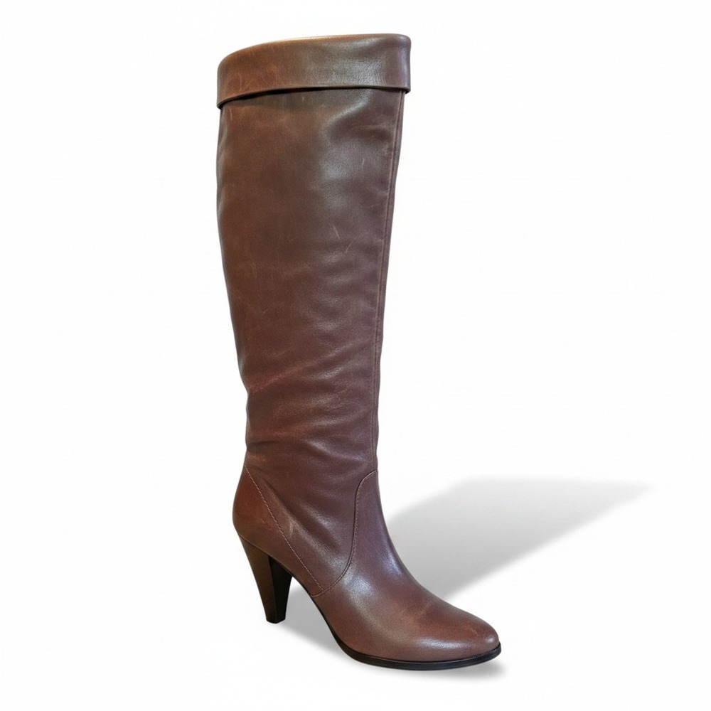 KORS Michael Kors Tall Slouch Boots 10M Brown Leather Cone Heel Dark Academia
